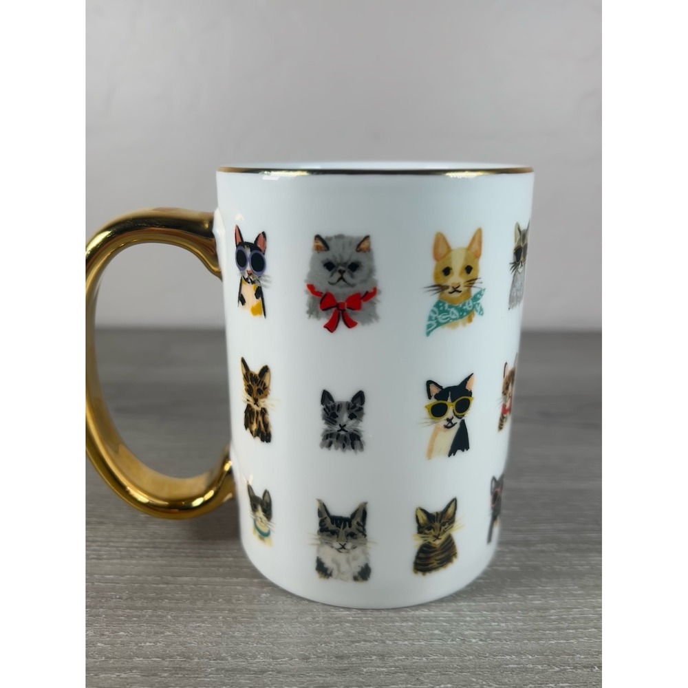 Rifle Paper Co Cats Mug White Porcelain Gold Handle Illustrated Feline Pattern
